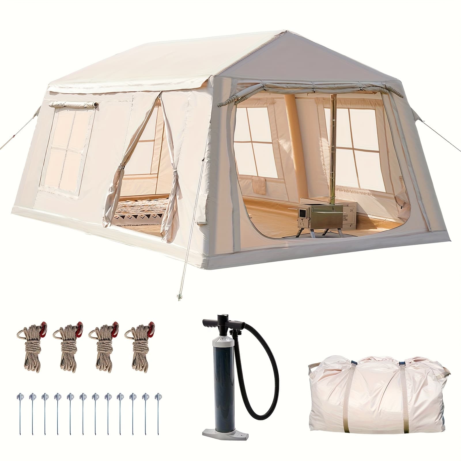 TEMU Lilypelle 8 Person Inflatable Camping Tent | Easy Setup Blow Up Air Tent With Hand Pump, 4-season Tent With Large Mesh Windows, Suitable For Couples, Groups, And Families
