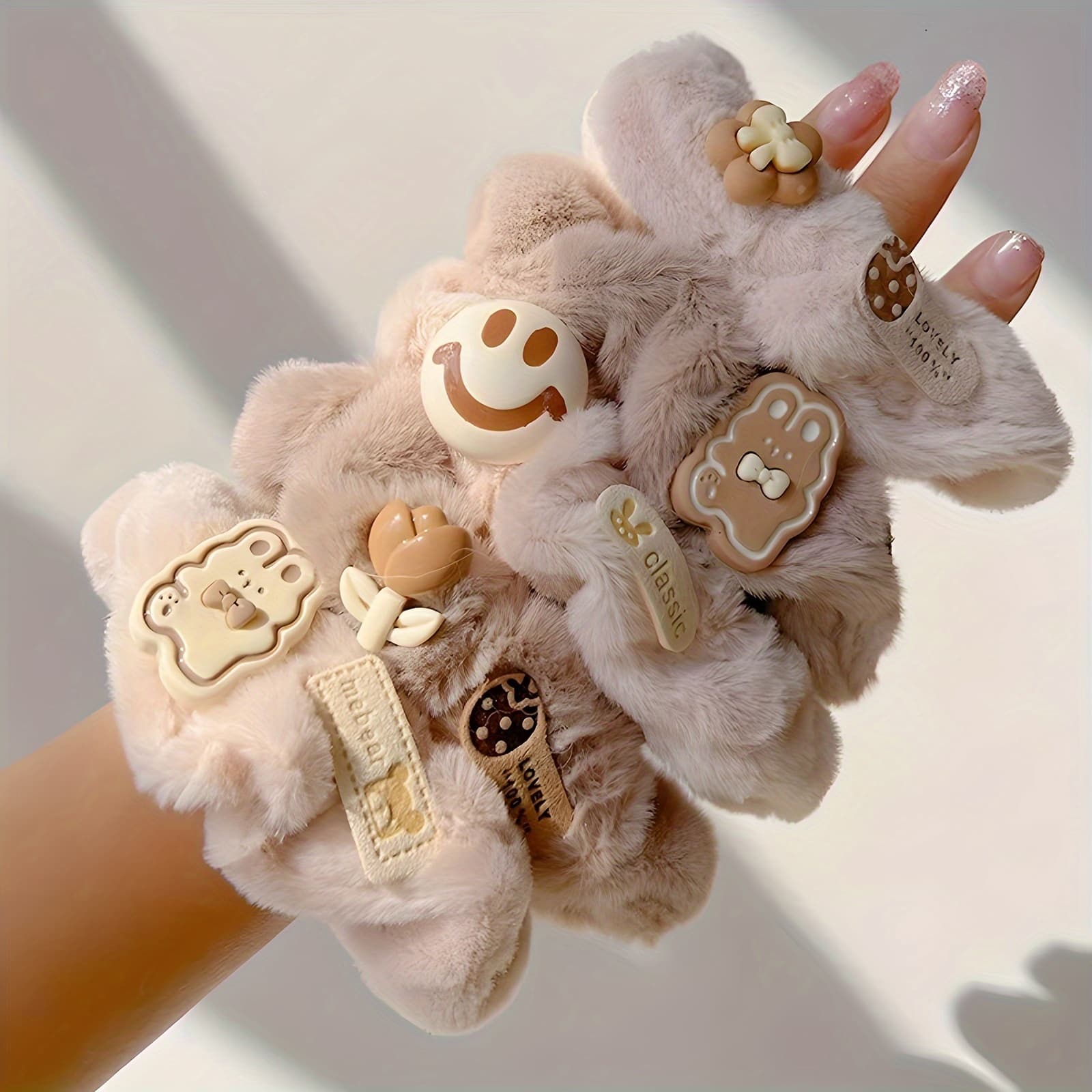 TEMU Set Of 5 Ties Featuring Elegant Cartoon Bear And Bunny Designs - Soft Plush Korean Style Multi-functional Hair Additions, Adorable Gentle Hair Bands For Fans Of Autumn Milk