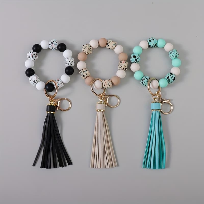 TEMU 2-3pcs/set Leopard Print/gravel Print/octagonal Silicone Bead Bead Bracelet Key Ring Tassel Anti Loss Keychain Gift For , Gift, Holiday Gift