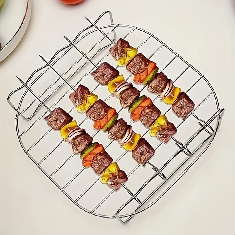 TEMU Stainless Steel Air Fryer Rack Accessory, Round Skewer Rack With 4 Skewers, Compatible With Most Air Fryers, Multi-functional Grill With Skewers For Cooking And Dishwasher Safe