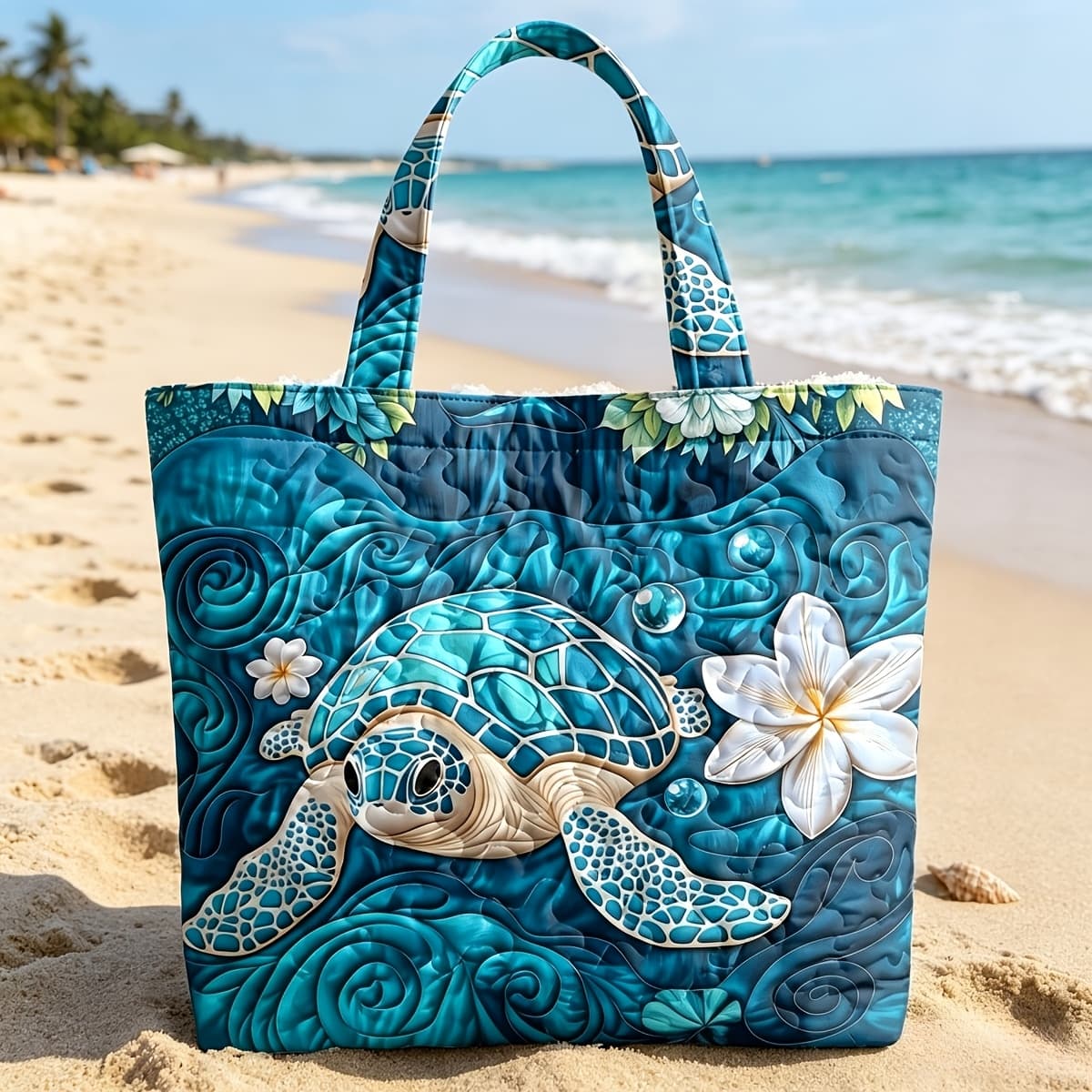 TEMU Sea Turtle Embroidered Quilted Tote Bag For Women, Large Capacity Beach Handbag, Vintage Seashell Shoulder Bag For