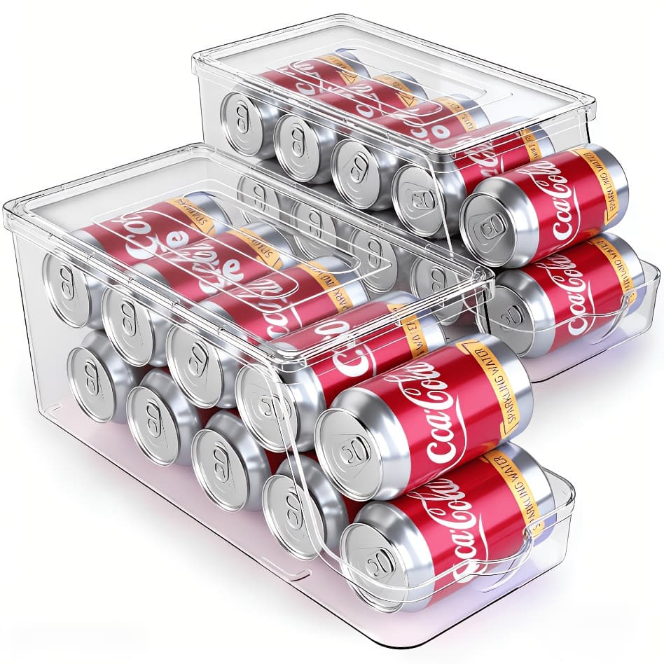 TEMU 1/2 Pack Soda Can Organizer For Refrigerator Stackable Can Holder Dispenser With Lid For Fridge, Pantry, Freezer, Holds 9 Cans Each, Bpa-free,