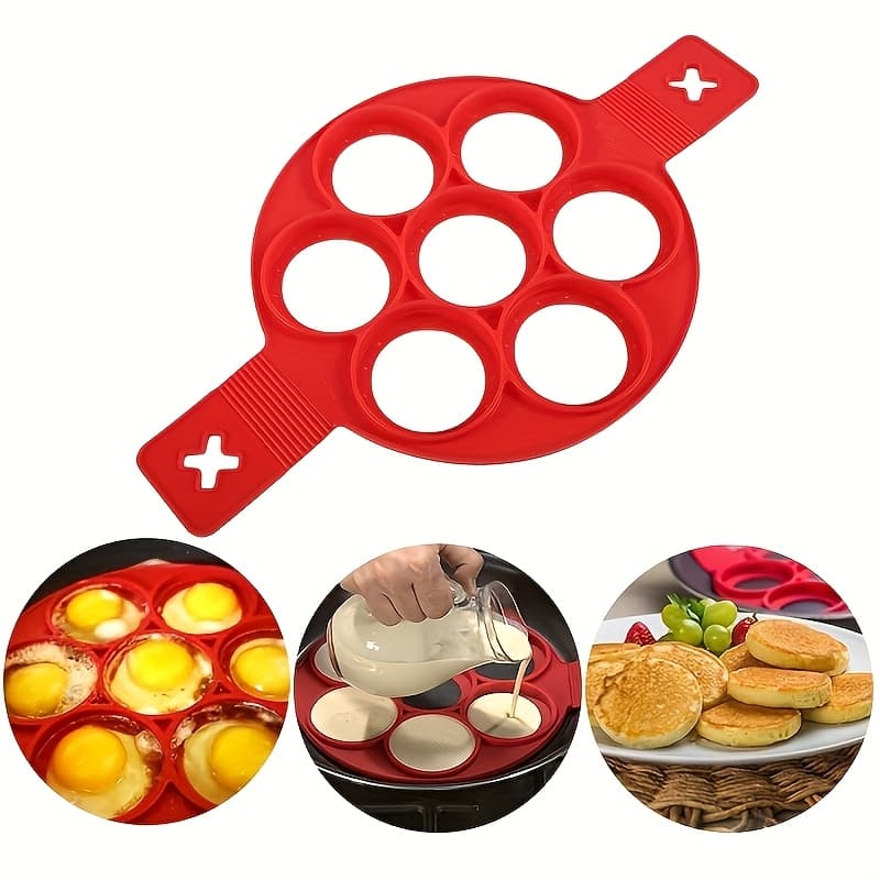 TEMU 1pc Silicone 7-cup Mini Pancake And Egg Maker - Red, Portable Stovetop Cooker For And Frying, Food-safe Kitchen Tool For Home And Outdoor Use Free Gift: Silicone Heat-resistant Clamshell Hand