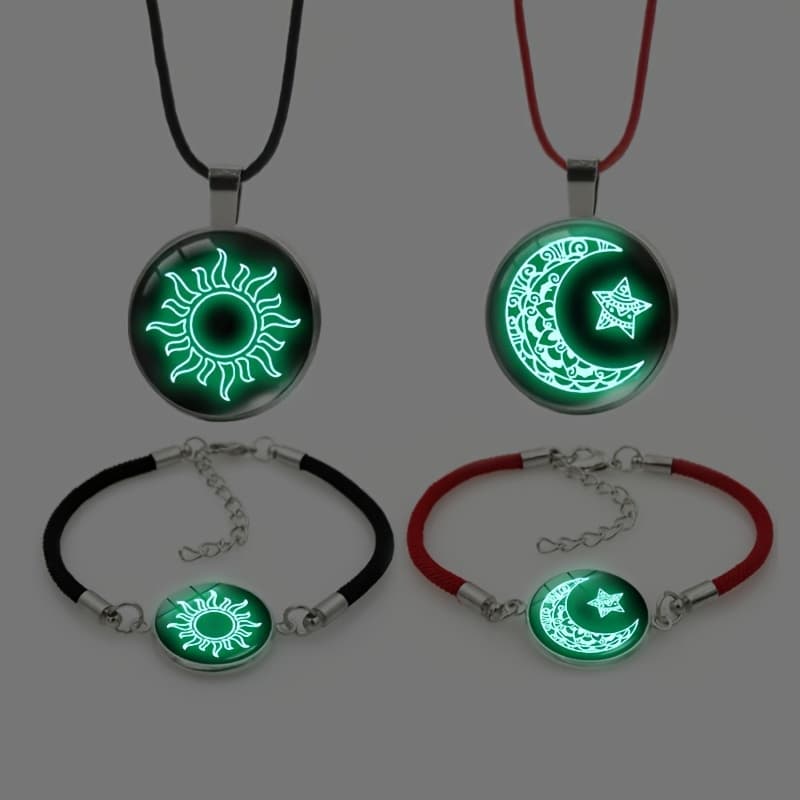 TEMU 4pcs/set Fashionable Couple's Sun, Moon, And Stars Bracelet Set+vintage Multilayer Necklace Set, Combination Glowing Jewelry Gifts For Halloween/christmas