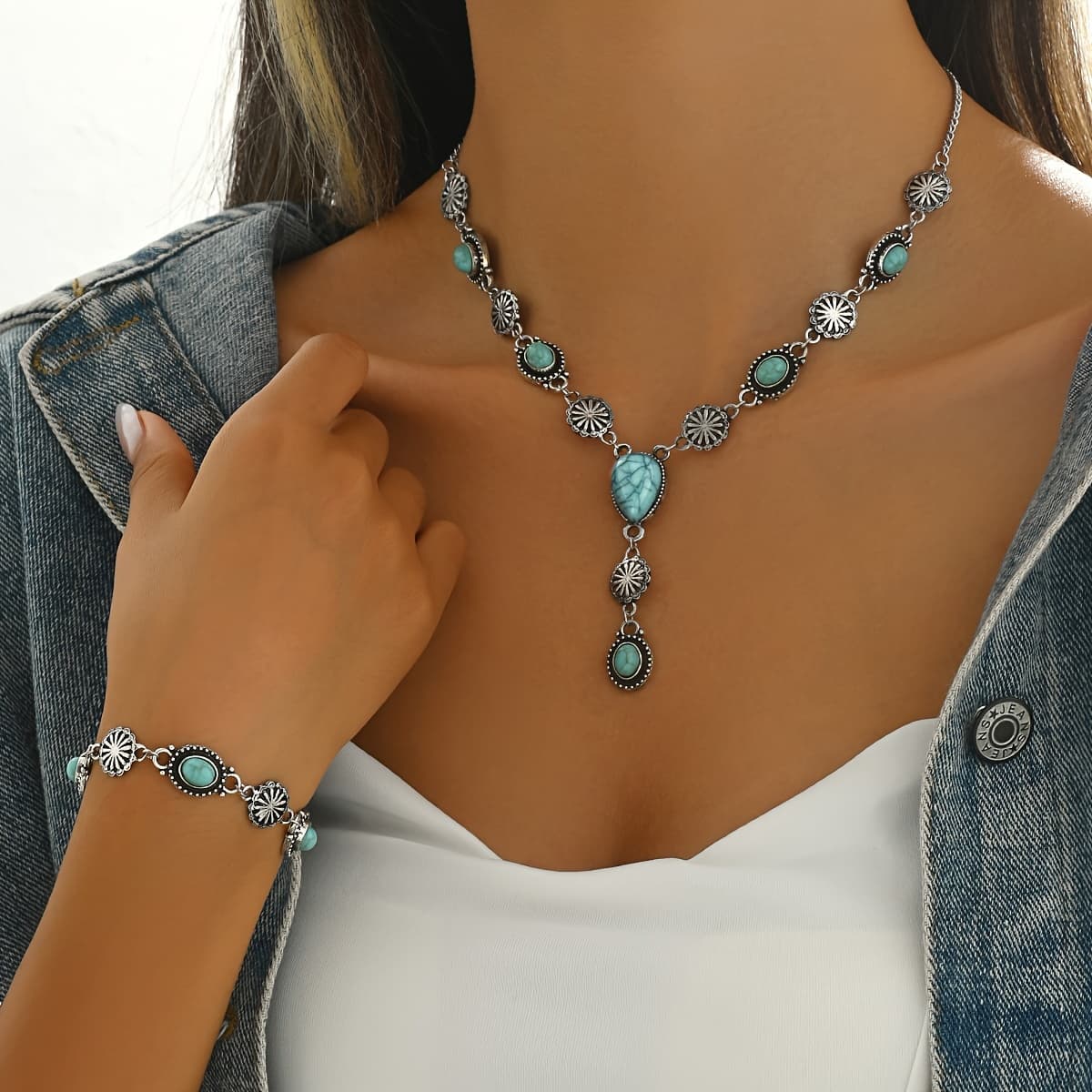 TEMU A Set Of 2 Women's Bracelets And A Necklace Featuring A Vintage Bohemian Y-shaped Design Inlaid With Turquoise, Gifting And Unique Party Jewelry