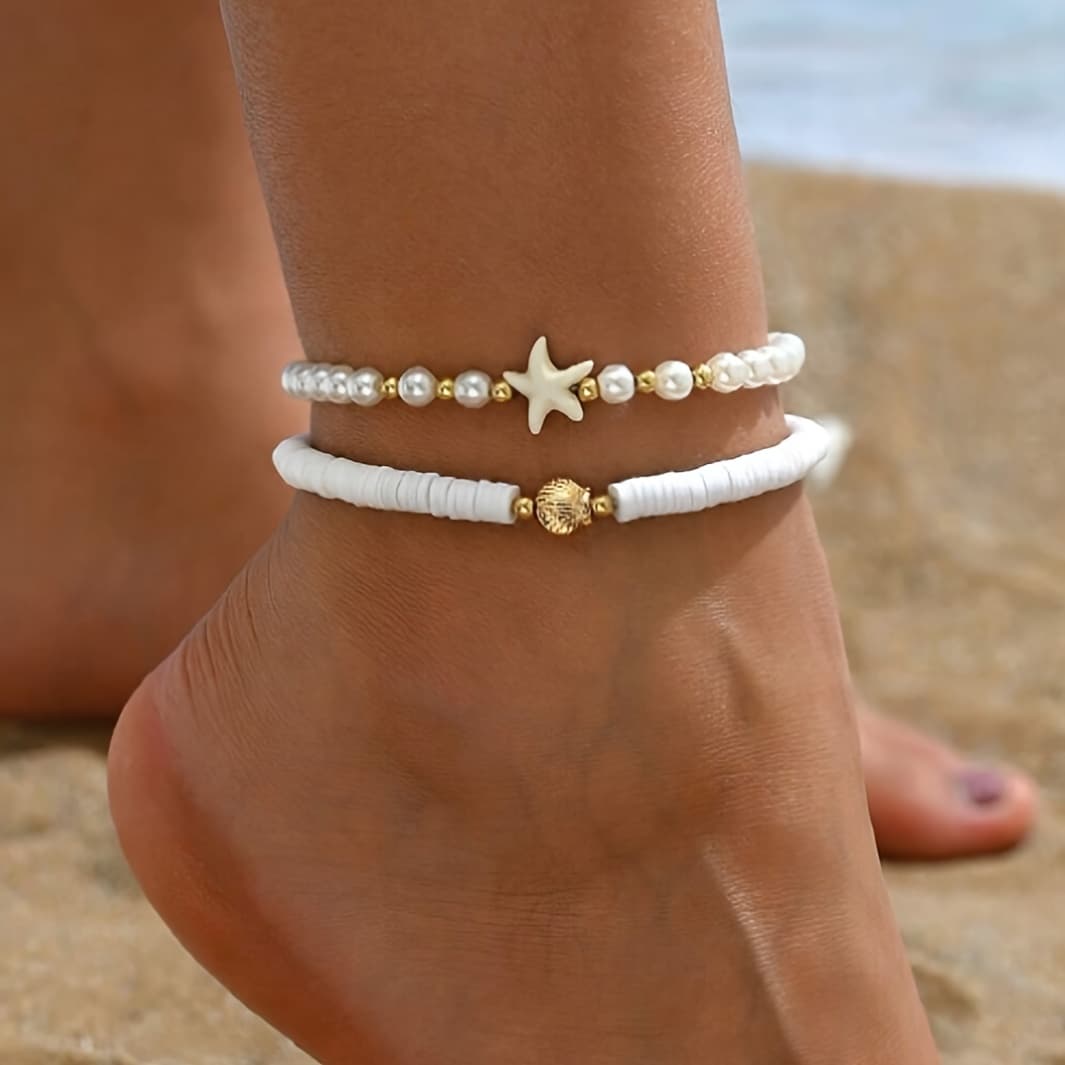 TEMU A Pair Of Versatile Bohemian Starfish And Scallop Woven Soft Clay Artificial Pearl Beaded Anklets Suitable For Women's Everyday And Vacation Outfits.