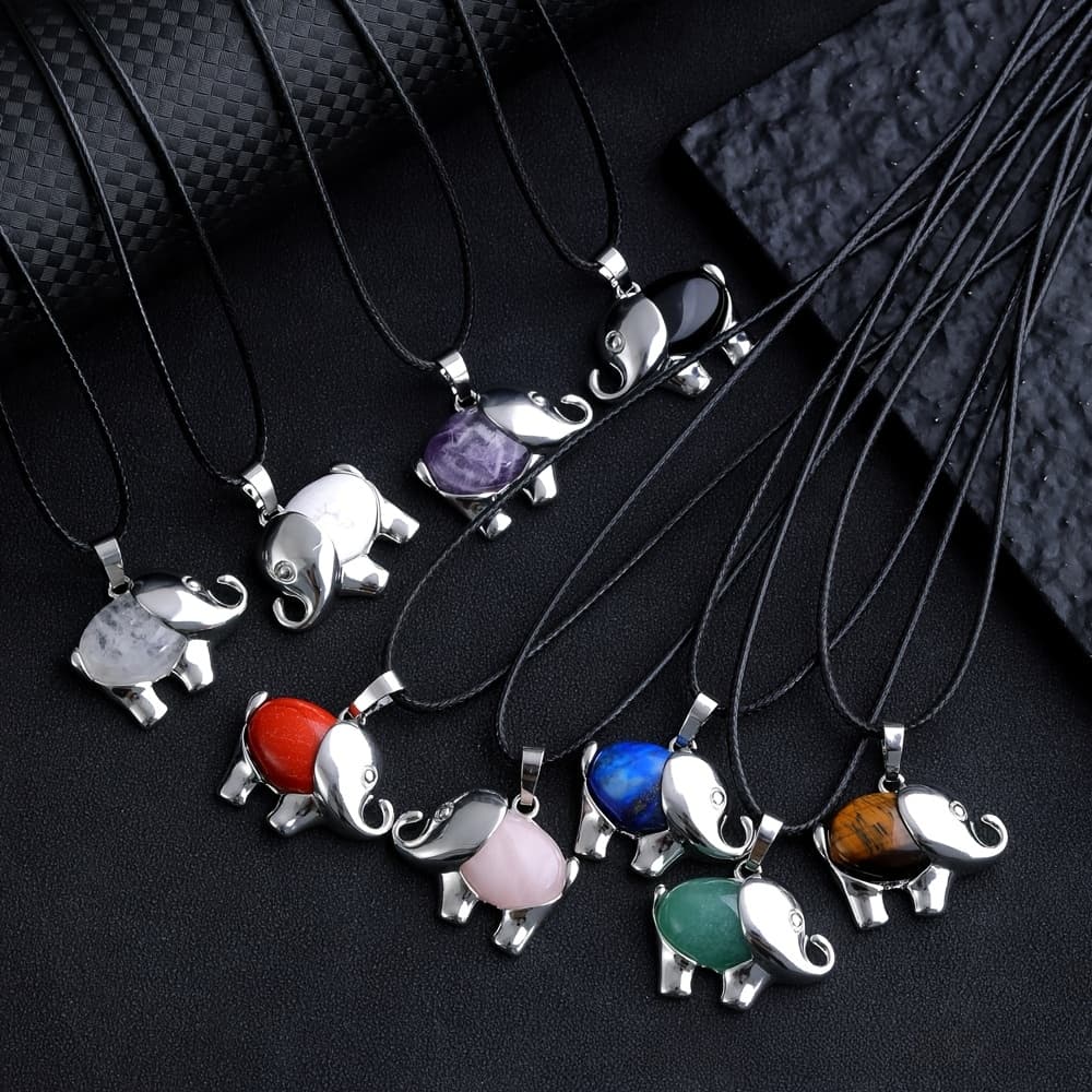 TEMU 10pcs Natural Stone Elephant Pendant Chain Necklace Set, 5pcs Natural Stone Elephant Pendant +5pcs Necklace, Daily Occasion, All , Diy Making, Holiday Gift