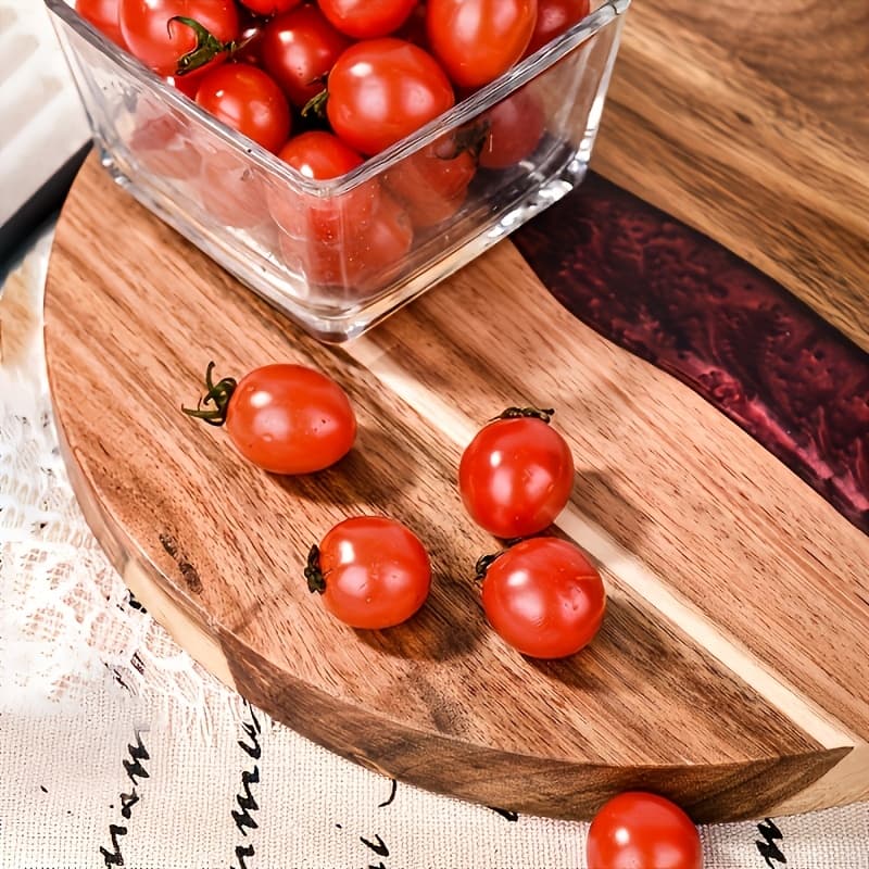TEMU Acacia Wood & Resin Round Cutting Board - Food-safe Kitchen Tray For Steak, Snacks, Fruit | Perfect For Home & Restaurant Use Christmas, Halloween And New Year Gift