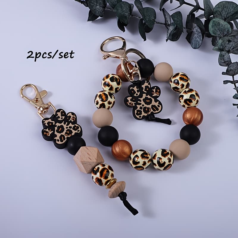 TEMU Set Of 2 Leopard Pattern Wooden Beads, Leopard Print Feet, Silicone Key Ring Beads, Anti-loss Car Keychains, Holiday Presents, Gifts For