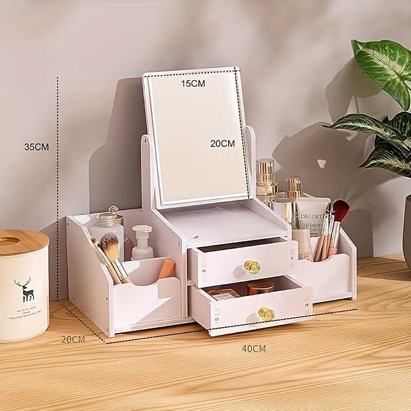 TEMU Desk & Drawer Organizers.twins Cha & Sal Makeup Organizer With Cat Mirror, White Storage Box, 2 Drawers, 15.7 X 7.9 X 5.5 Inches (rectangular)