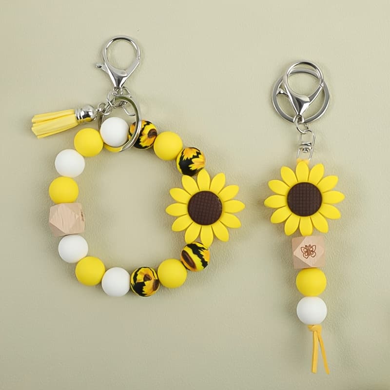 TEMU 2pcs/set Sunflower Silicone Bead Tassel Decoration Women's Keychain Sunflower Print Silicone Bead Short Cute Keychain Bag Pendant Car Keychain Holiday Gift