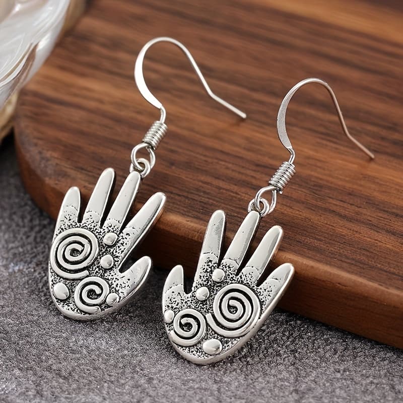 TEMU Retro Exaggerated Palm Print Earrings With A Female Ethnic Style, Vintage Silvery Color, Niche Design, Spiral Pattern Earrings Suitable For Daily Use And Christmas Gifts, Jewelry