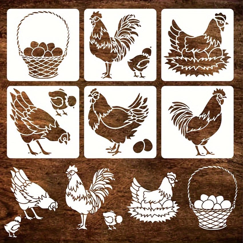 TEMU 6pcs Farm Animal Stencil Set - Reusable Rooster, Hen, Chick & Egg Designs For Diy Wood, Wall & Furniture Painting - 5.9" Square Templates