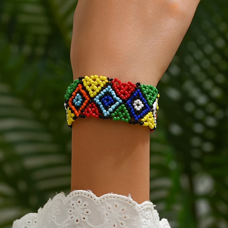 TEMU Woven Geometric Handmade Elastic Rice Bead Bracelet For Women (handmade, Colors, Patterns, And Shapes May )