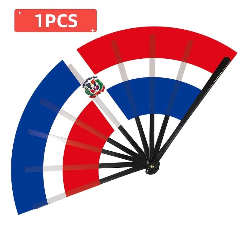 TEMU 1pc/3pcs/5pcs Black Handle Plastic Fan Ribs Single-sided Dominican Flag Pattern Cloth Fan Gift Souvenir, Gift, Dance Prop, Festival Activity Prop, Home Decor, Clothing Match, Photography Prop