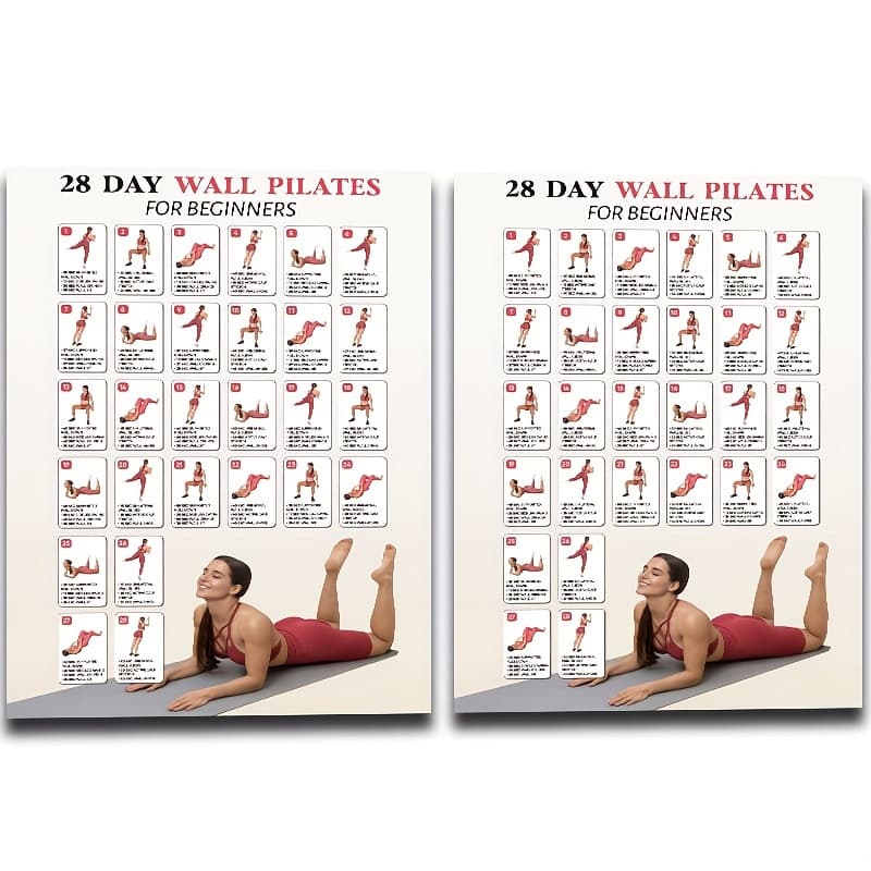 TEMU Set Of 2, 28 Day Wall Pilates For Beginners Yoga Guide With Illustrations, Ideal For Home, Gym, , Bedroom & Study Room, Beginner Yoga Guide|educational Wall Art, Pilates Equipment