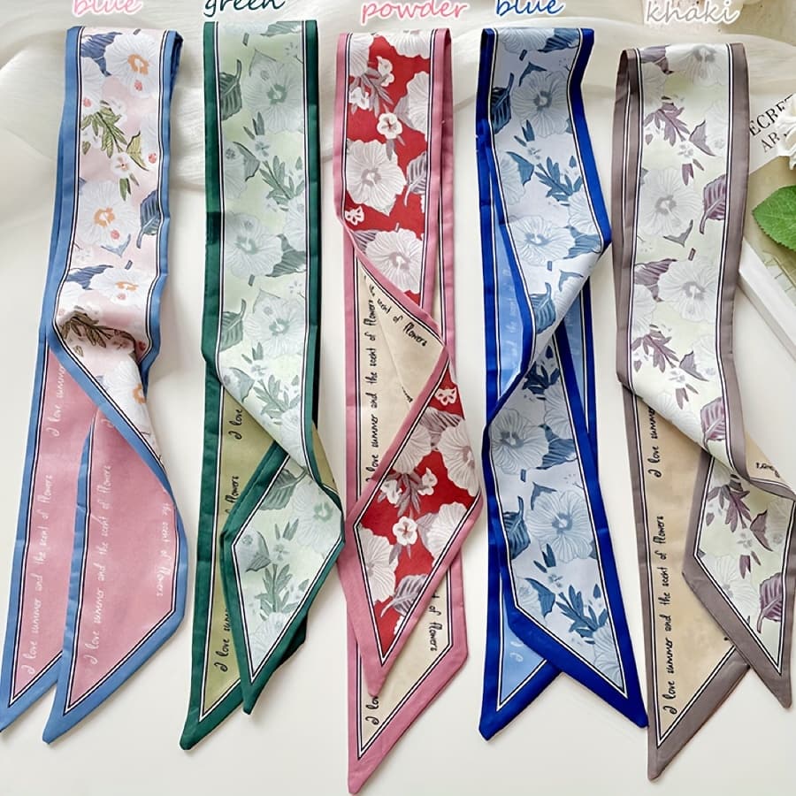 TEMU 5pcs Summer Long Floral Scarves Handbag Tying Hair Decoration Neck Scarf Multifunctional Ribbon
