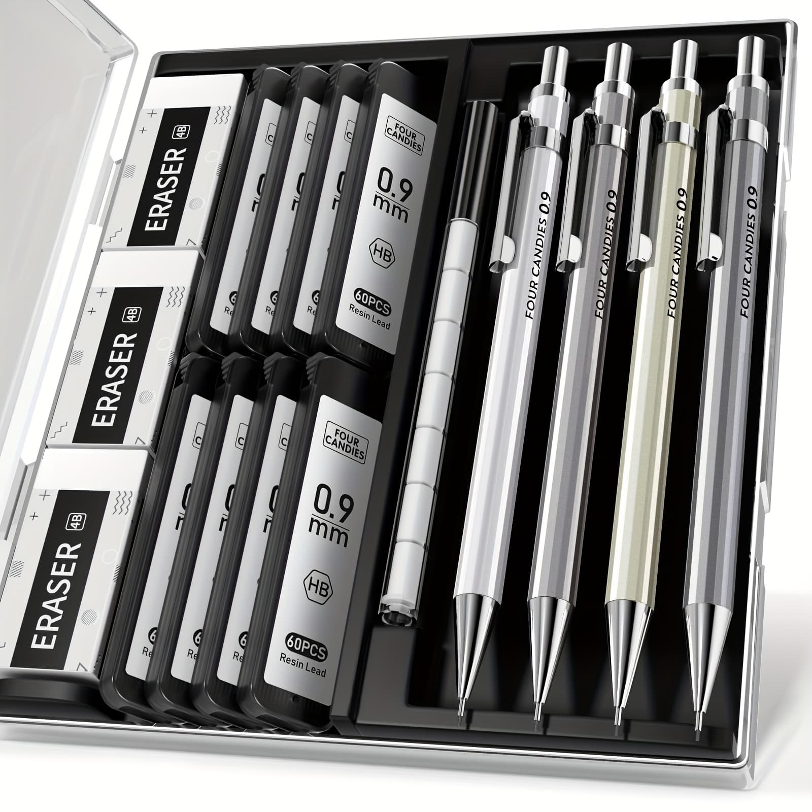 TEMU 4 Candies Mechanical Pencil Set With Case - 4pcs Metal Mechanical Pencils, 8 Tubes Hb #2 Lead Refills, 3pcs 4b Erasers And 9pcs Eraser Refills, Lead Mechanical Pencils For Writing & Drawing