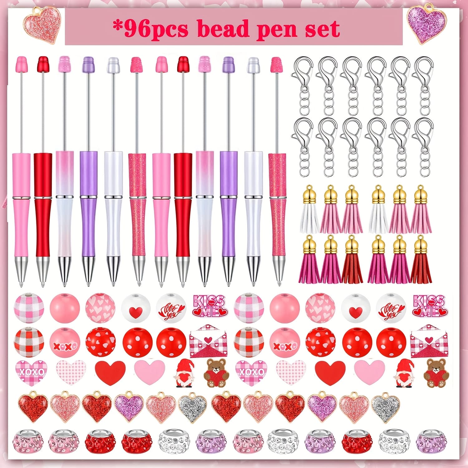 TEMU 96pcs Pink Ballpoint Pen Set, Including 12 Ballpoint Pens, 48 Wooden Beads, 12 Pendants, 12 Lobster Chains, 12 Tassels, Black Ink Diy Pens, Office Gifts