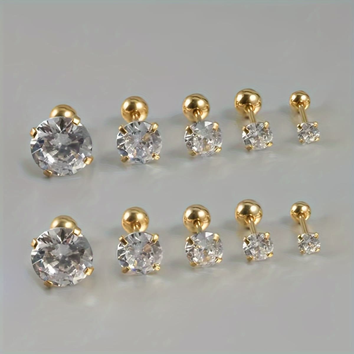 TEMU 5 Pairs/sets Of Stainless Steel Four-claw Twisted Round Ball Golden Silvery Cubic Zirconia Stud Earrings