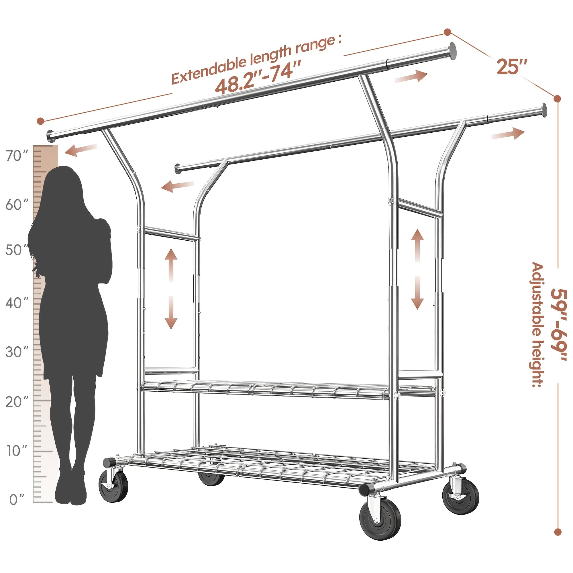 TEMU Raybee 74" W Clothes Rack, Clothing Rack Load 630 Lbs, Double Rods Clothing Racks For Hanging Clothes, Heavy Duty Clothes Rack With Wheels, Adjustable Garment Rack Portable