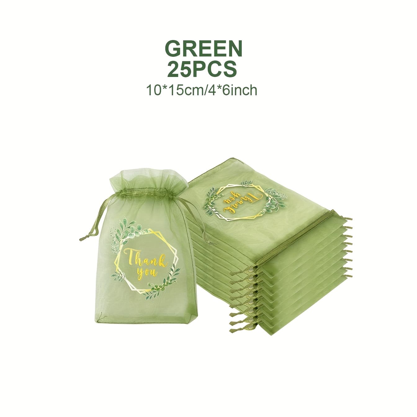 TEMU Gift For Her/him 25-count Thank You Leaf Print Organza Bags (4 X 6 Inches), Wedding Birthday Party Gift Bags, Handbag Necklace Jewelry Packaging Bundling Bags, Green White 2 Colors