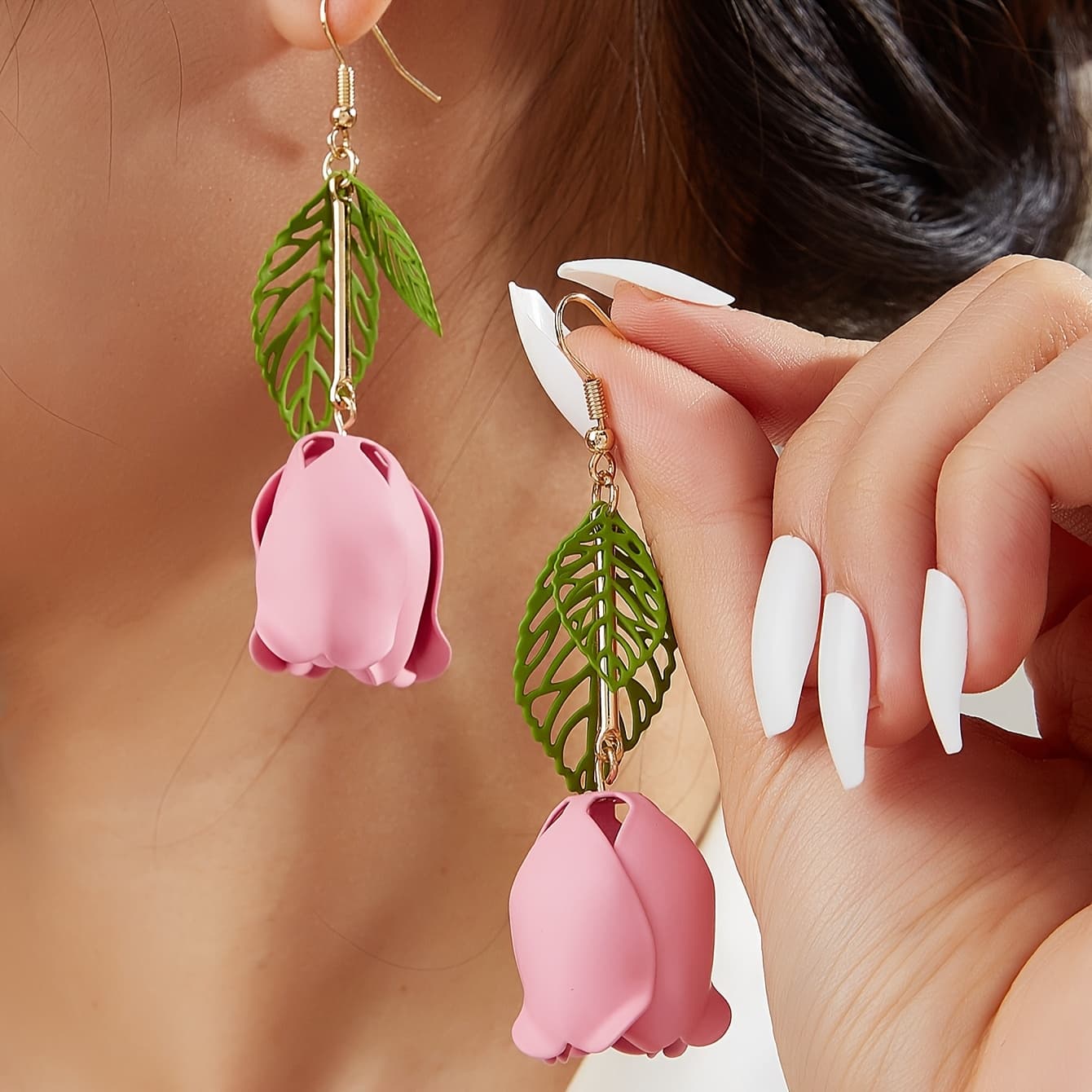 TEMU 1 Pair Of Women's Fashion Earrings, Tulip/rose Flower Stylish Romantic Dangle Earrings, Suitable For Gifting On Valentine's Day/vacation