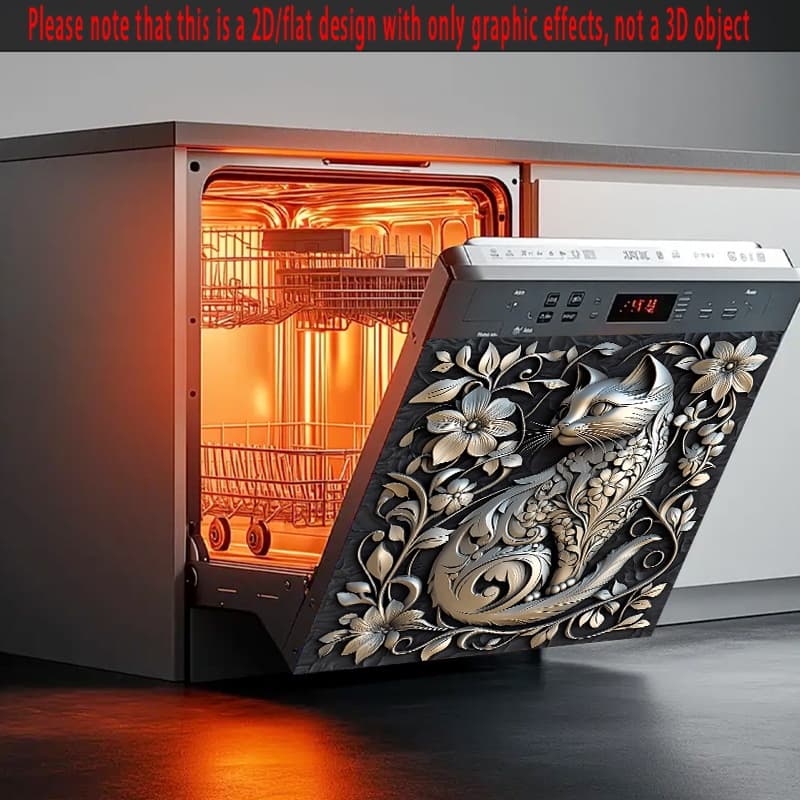 TEMU 1pc 2d/flat Metal Engraved Cat Dishwasher Cover - Waterproof Refrigerator Door Sticker, Easy-clean Appliance Panel Decal, Size 23.03 X 25., Luxury Art Kitchen Decor