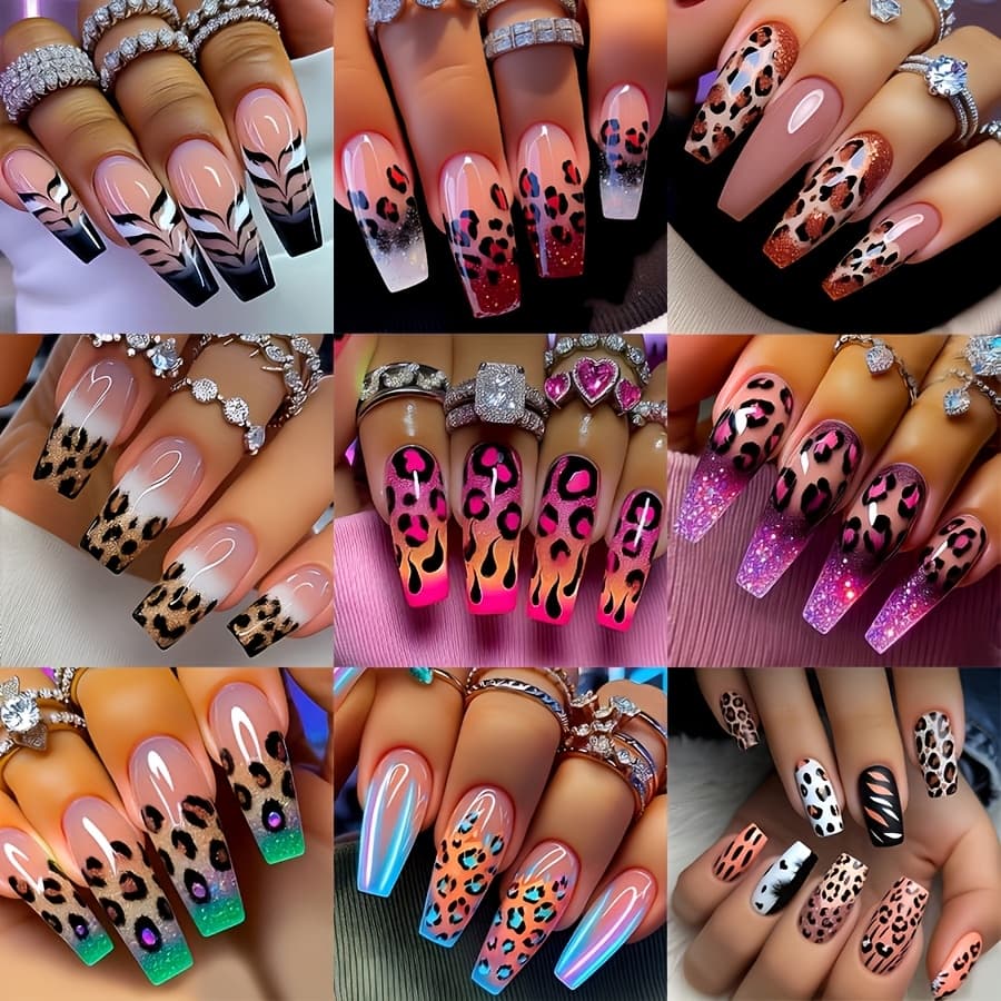 TEMU 216pcs (9pcs)long Leopard Print Nail Set Combination, Mixed With Leopard Print Pattern, Glossy Surface, Fashionable Nail, Suitable For Daily Wear, And Holidays, Cute Nail Art