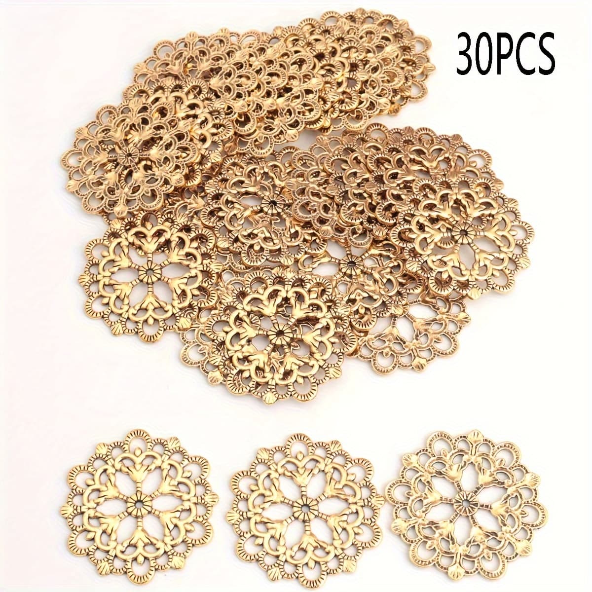 TEMU 30pcs 30mm/1.2-inch Round Openwork Textured Snowflake Tiles, Classic Silvery/classic Golden/bronze Openwork Lace Tiles, Round Openwork Textured Pendants, Christmas Ornaments For Making