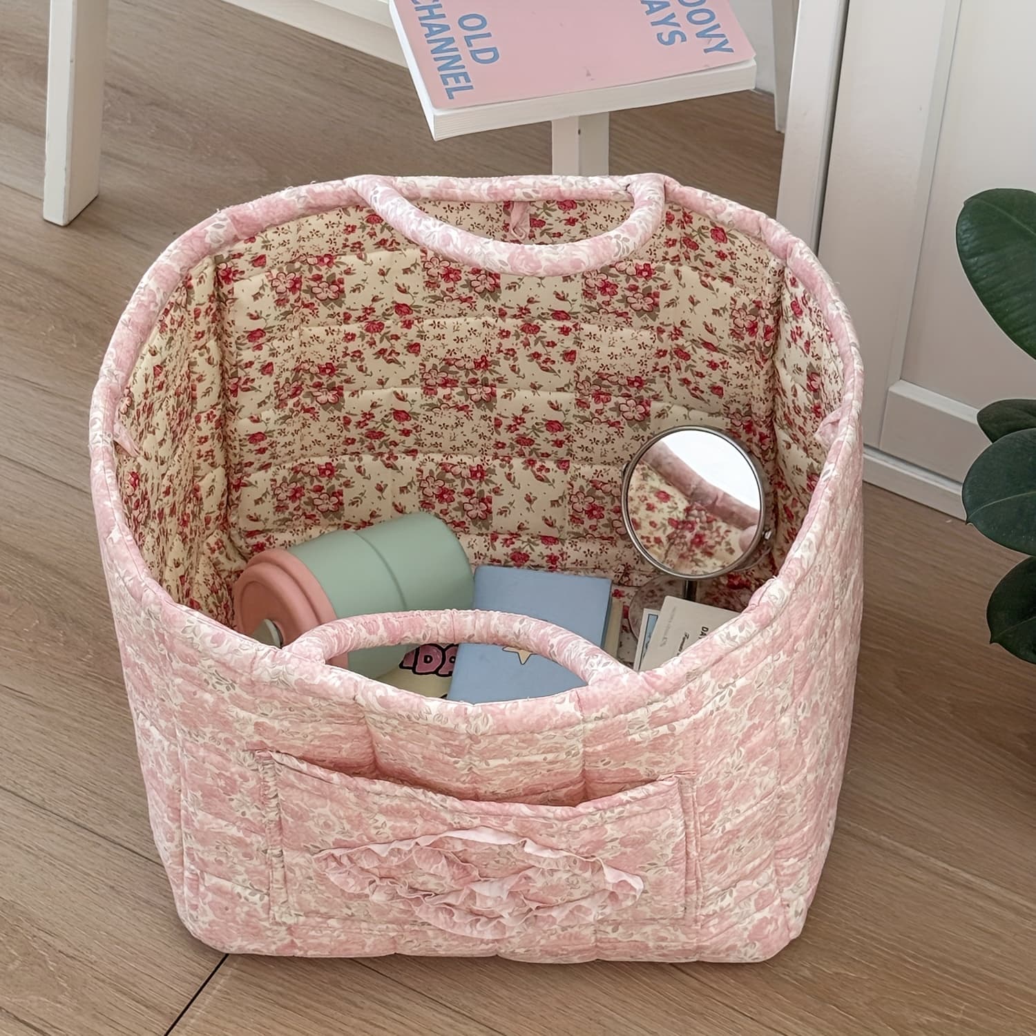 TEMU Floral Storage Basket For Home Use, Fabric Tote Bag For Organizing, Large Capacity Miscellaneous Basket, Flower-patterned Storage Bin, Shelf Baskets