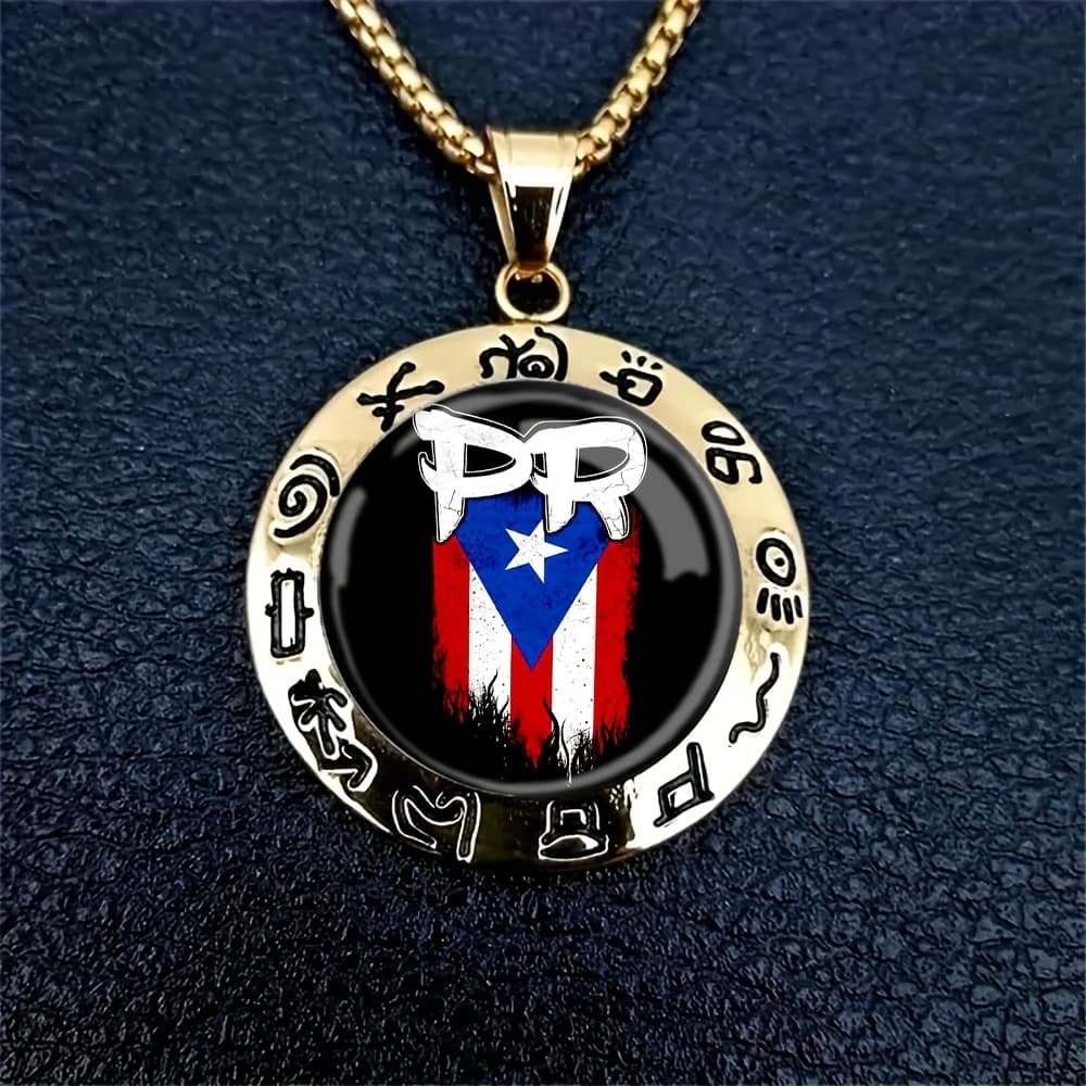 TEMU A Circular Puerto Rican Flag Pendant Necklace With Encircling Mysterious Symbols Is Suitable For Everyday Wear And As A Gift
