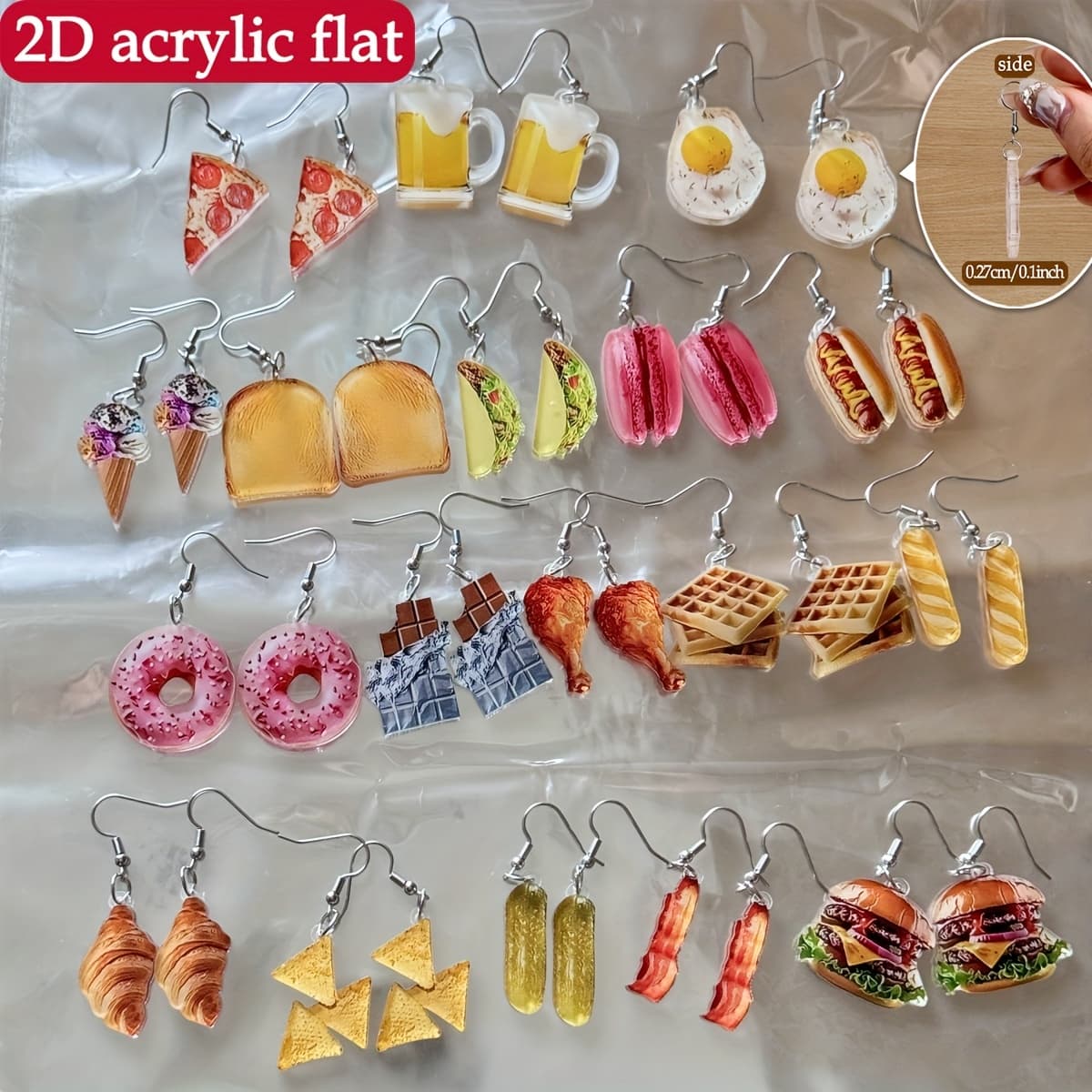 TEMU 2d Flat - [2d Acrylic] 18 Pairs Of Creative Food Earrings Set, Cute And Fun Acrylic Ice Cream Donut Beer Pizza Macaron
