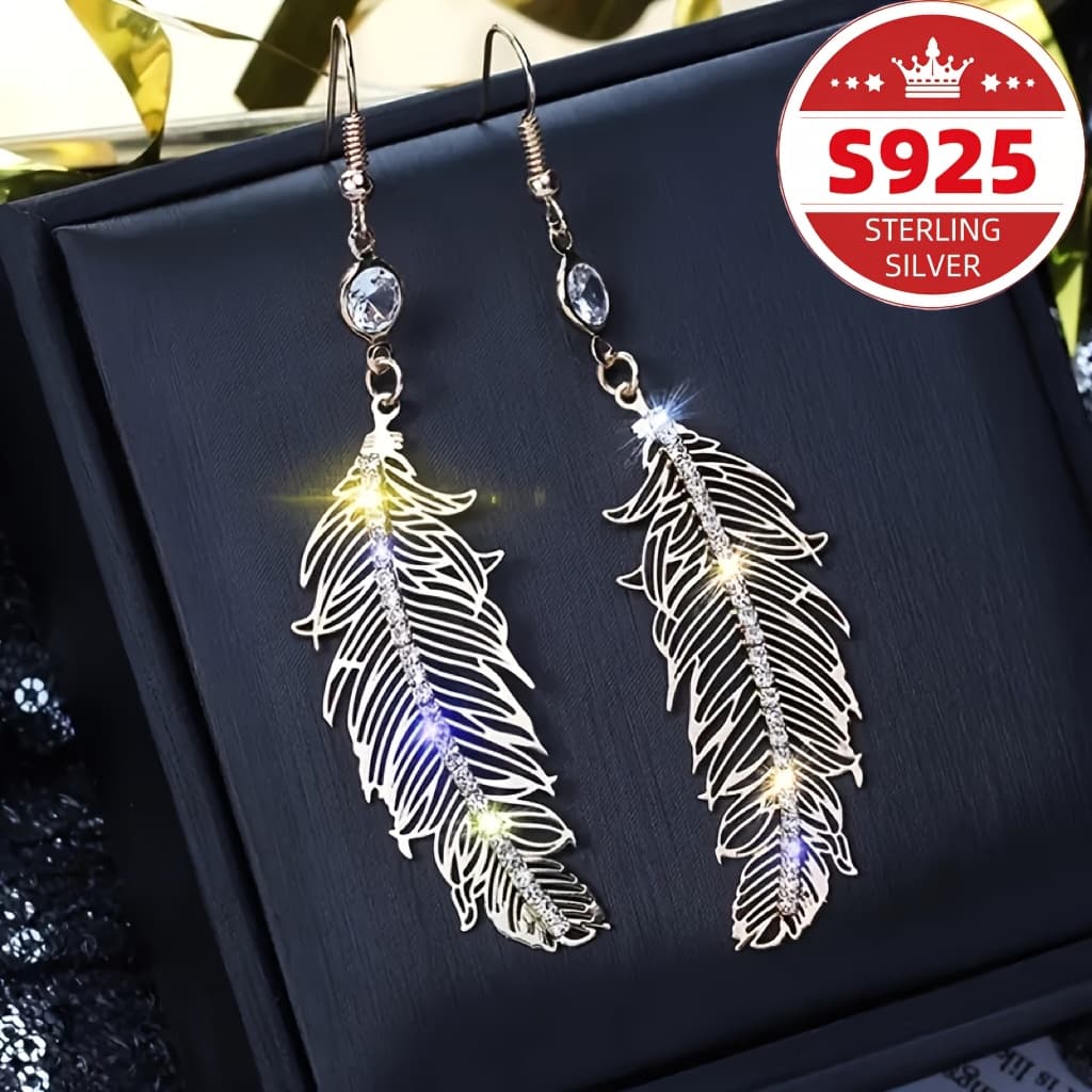 TEMU S925 Pure Silvery Elegant Long Feather Earrings, Pendant Earrings, Women's Wedding Engagement Earrings, Women's Jewelry, Christmas Gifts