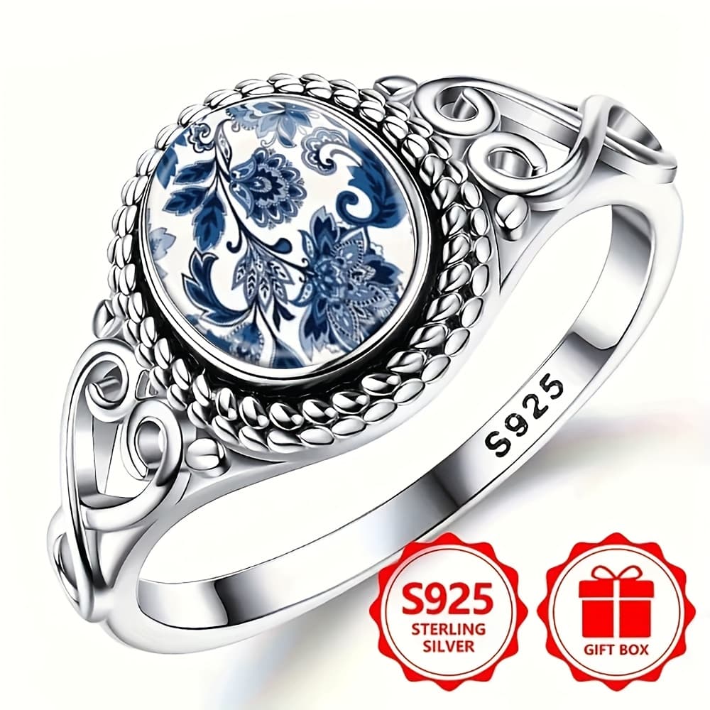 TEMU A Silvery Ring Featuring A Chic Blue And White , Perfect For Bohemian Engagement And Wedding Occasions, With An Oval Shape Suitable For Daily Wear, Making It A Versatile Gift For Any Season
