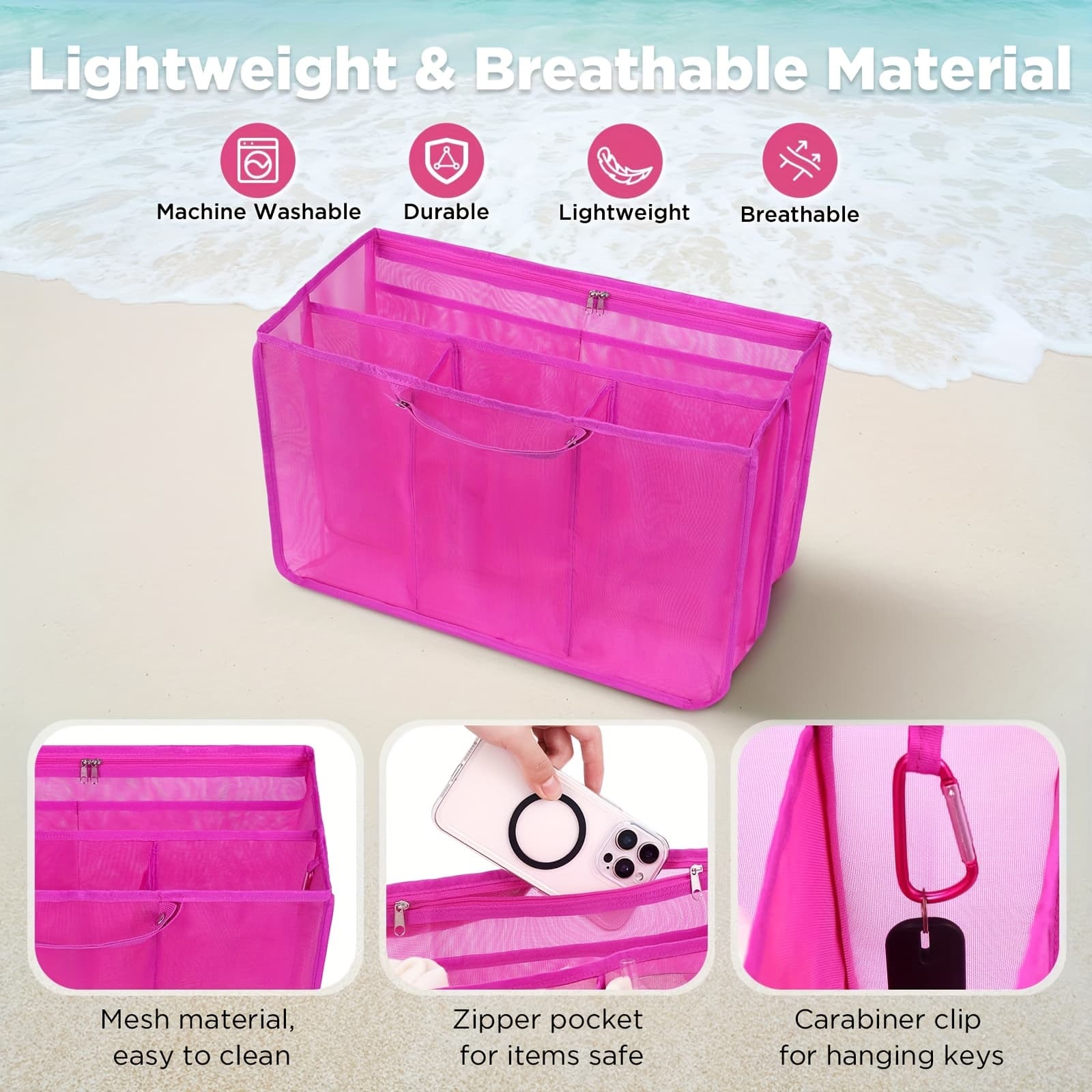 TEMU Large Beach Bag Organizer Featuring Built-in Dividers, A See-through Mesh Compartment Design, And A Lightweight Fabric Storage Solution For Women, Suitable For Beach , Travel