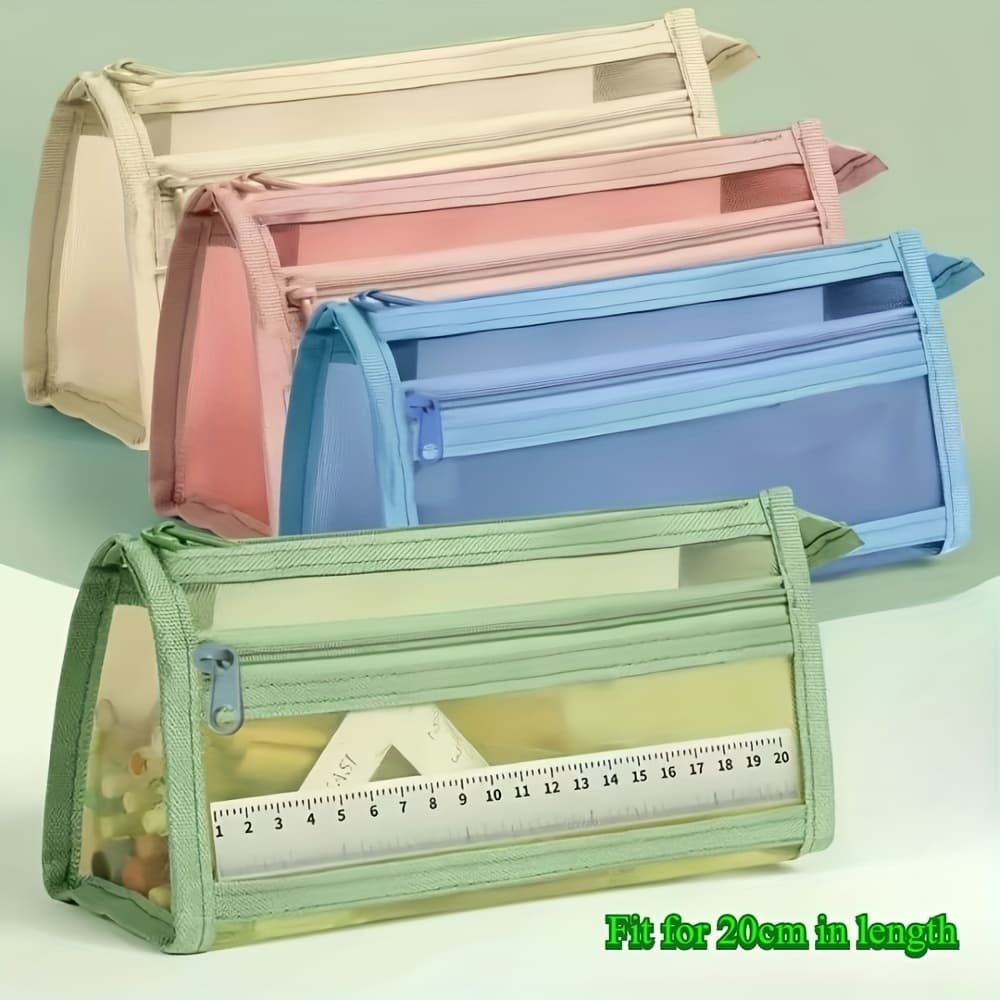 TEMU 4-pack Colorful Mesh Pencil Cases With Zipper | Large Capacity Double-layer Organizer Pouch | Multifunctional Durable Storage For Stationery And Makeup