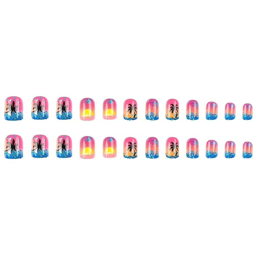 TEMU 24pcs Glossy Press On Nails Gradient Palm Tree Pattern Fake Nails Shiny Artificial Reusable False Nails For