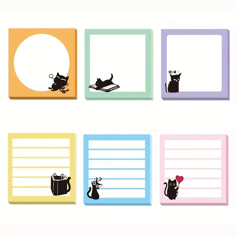 TEMU 6 Pads 180sheets Cat Sticky Notes Funny Black Cat Cute Self-stick Notes, Cartoon Animal Notepads 2.99x2.99 Inches Notes Adhesive Memo Pad Office Decor Gifts For Students School Office Meeting