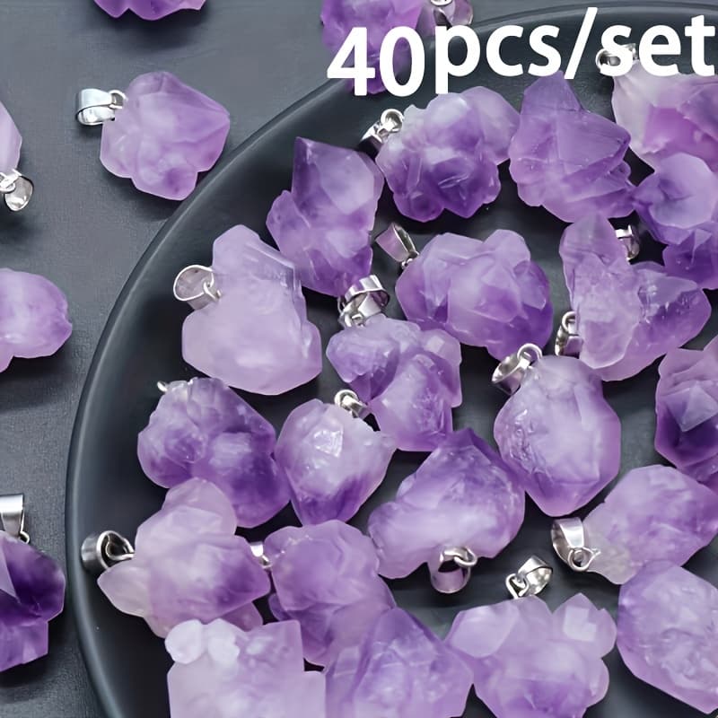 TEMU Set Of 40 Natural Stone Amethyst Pendants - Irregular Shapes With Silvery Loops Ideal For Jewelry Crafting, Great For Additions For Handmade Necklaces, Bracelets, And Earrings For Men And Women