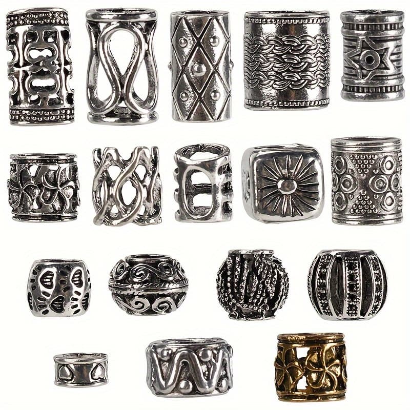 TEMU 17pcs Vintage Silvery Pillar Spacer Dreadlock Braid Hair Beads Stylish Hollow Out Hair Rings Hair Rings Hippie Style Hair Accessories For Female