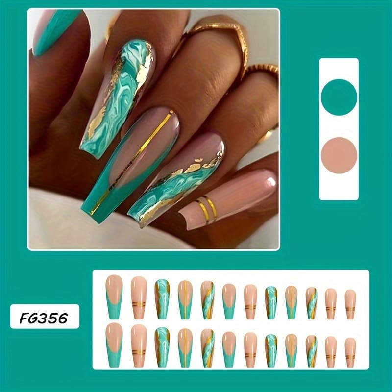 TEMU 24pcs Green Marble Texture Nail Art Press-on Nails Long Style Finished Ballet Nails Gradient Nail Tips Ballet Nails Hot Wearable Nails Nail Pieces With Jelly Glue And File
