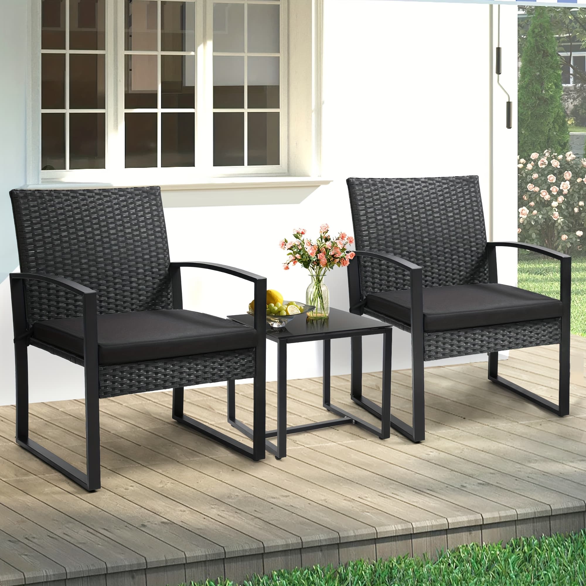 TEMU 3pcs Rattan Bistro Set, Outdoor Patio Furniture Conversation Set Featuring 2 Chairs And 1 Safety Glass Top Table, With Plush Cushions, On, Perfect For
