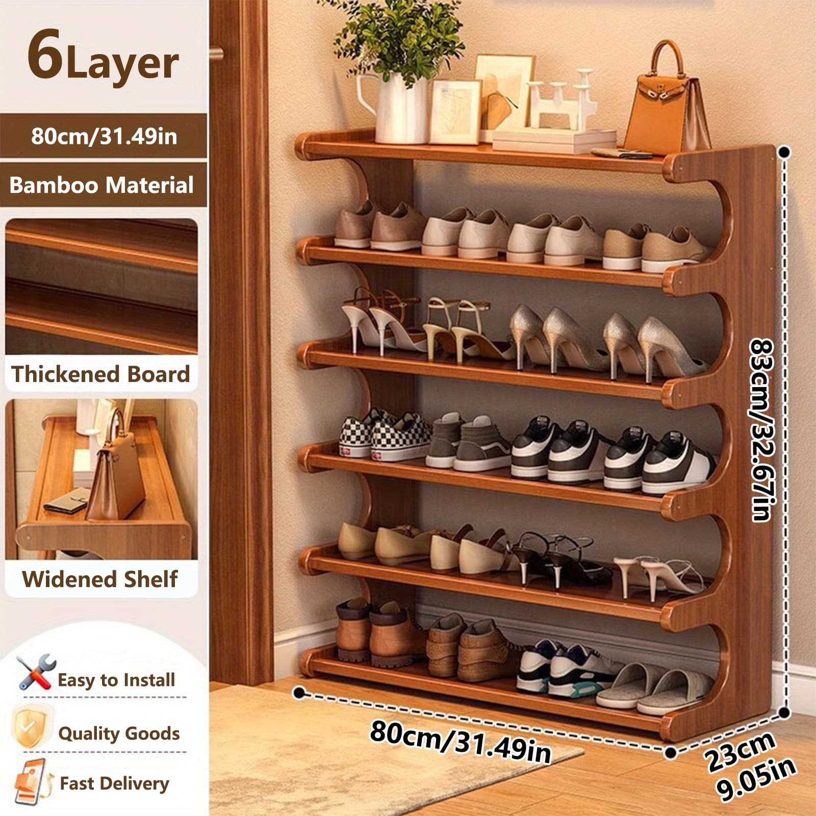 TEMU 3/5/6 Layers Storage Rack, Bamboo Shoe Rack, Space-saving Shoe Rack - , Freestanding Organizer With Wood Grain End For Dorms & , Easy Assembly, Brown, Christmas Gift