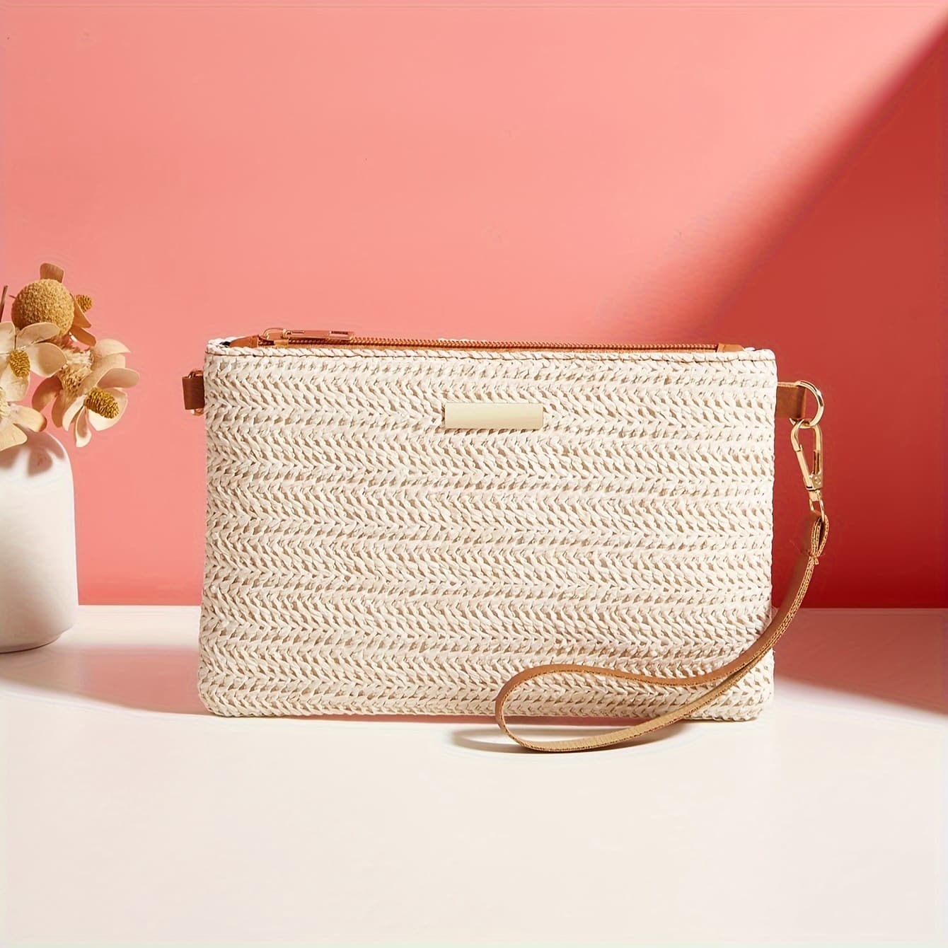 TEMU Chic Women's Straw Clutch With Chain - Large Capacity, Fashionable Woven Phone & Coin Purse, Zip Closure, Polyester Lined - Ivory