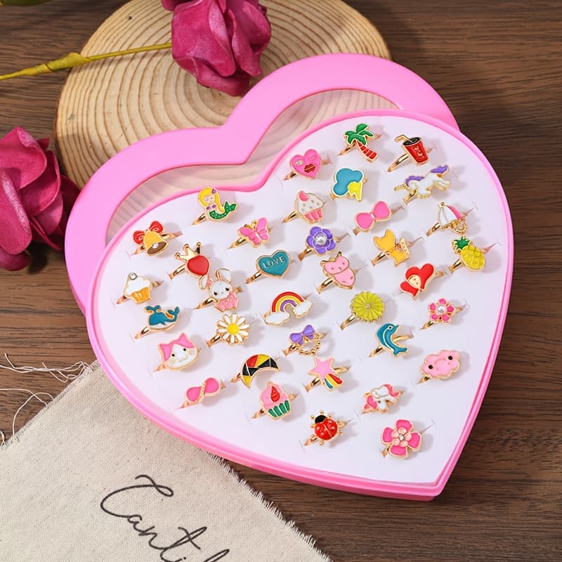 TEMU A 36pcs Cartoon Ring Set For Girls, Featuring A Heart-shaped Box, Perfect As A Gift Or Prize For Little Girls