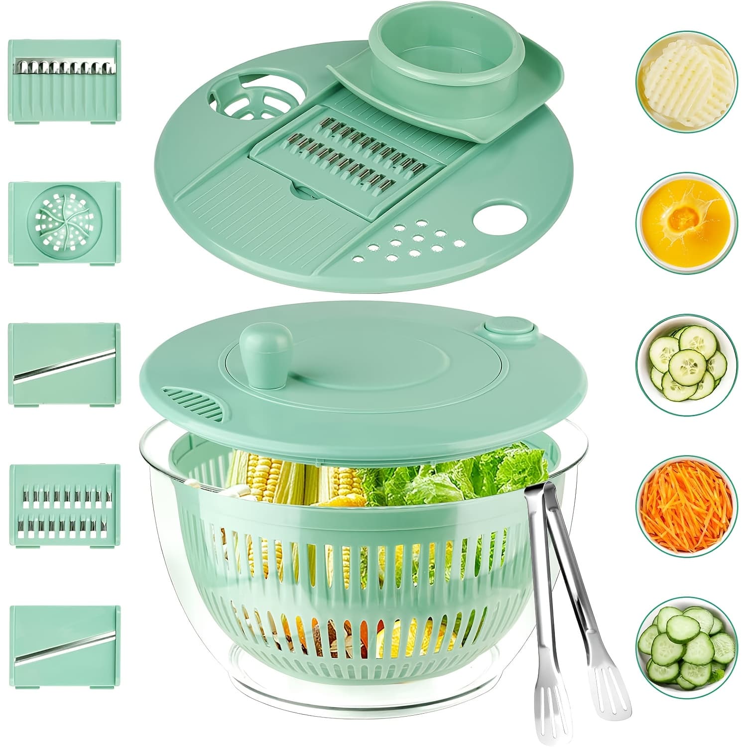TEMU Salad Spinner Large, 3in 1 Vegetable And Fruit Washing Bowl With Strainer, Lettuce Spinner With 5 Slicer, Egg Yolk Strainer, Salad Bowl For Salad Preparation, 5.3 Qt, High Quality