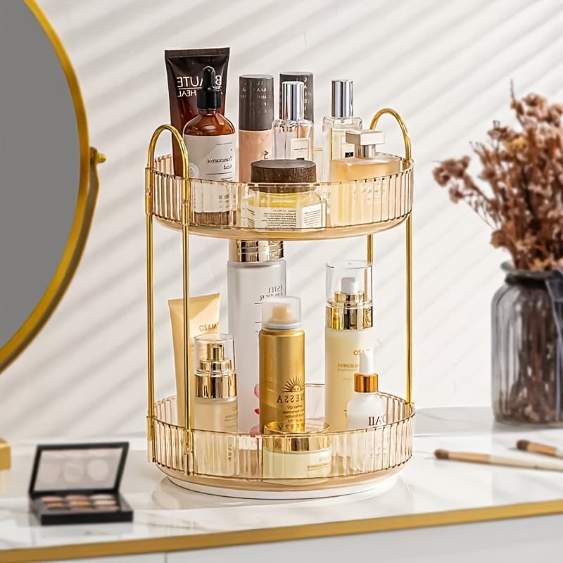TEMU 1pc 2-3-tier Vanity Organizer: 360 Degree Rotation, Large Capacity (skincare Cosmetics), Light Luxury (transparent Golden), Durable, Countertop-ready (no Installation) Ideal Bathroom Organizer