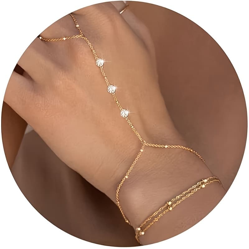 TEMU Trendy Adjustable Chain Bracelet Jewelry With Synthetic Zirconia Ring For Women - Perfect For Winter, New Year, Stack Finger Accessories