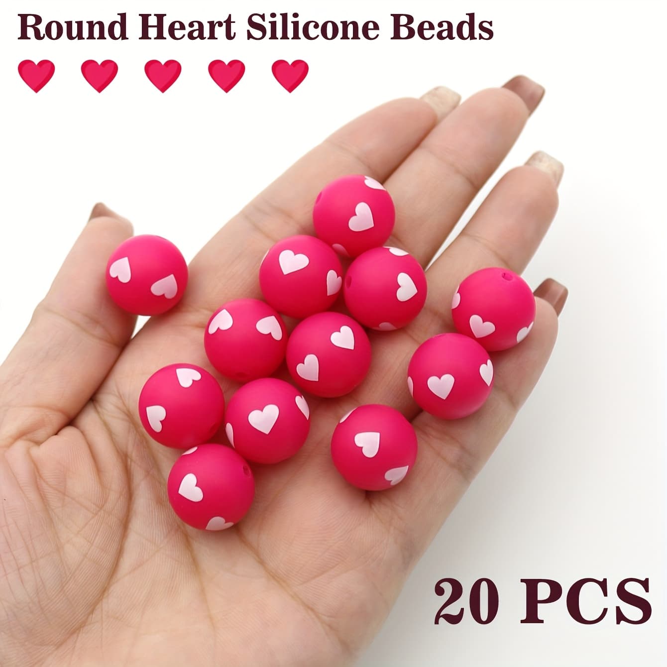TEMU 20pcs 15mm Adorable Fuchsia & Blue Silicone Beads: Round Heart - Patterned For Unique Birthday & Jewelry, 5 Delicate Heart - Shaped Beads Included, Silicone Beads For Keychain Making